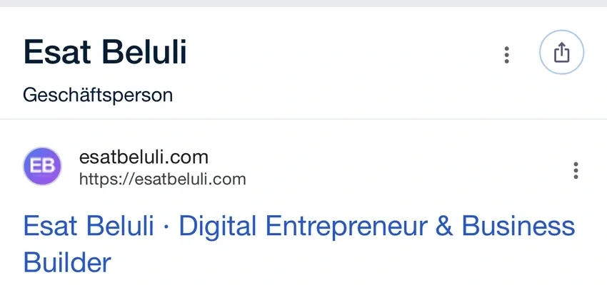Google-Darstellung von Esat Beluli: Name, Einordnung als Geschäftsperson und eigene Website