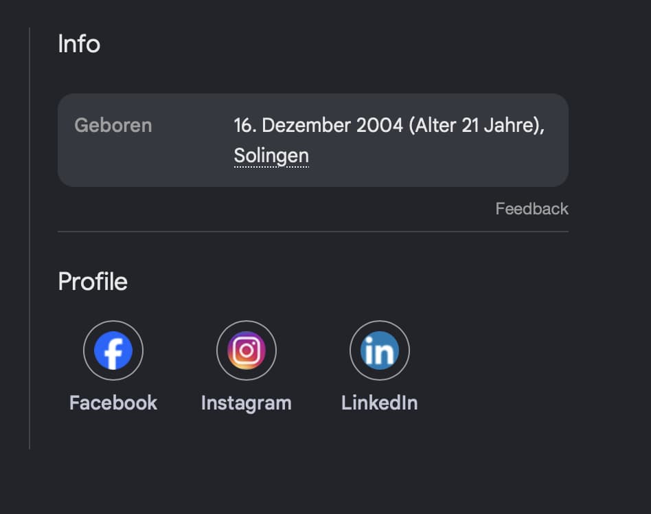 Google-Wissenspanel zu Esat Beluli: Info mit Geburtsdatum und Geburtsort Solingen, Profile bei Facebook, Instagram und LinkedIn